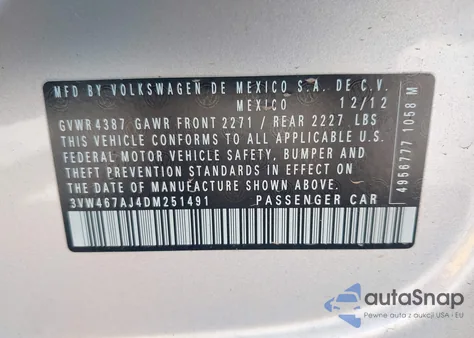 2013 Volkswagen Jetta Gli Autobahn W/Nav из США, поврежденный, VIN 3VW467AJ4DM251491